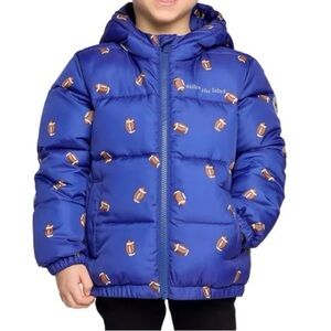 Kid Blue Puffer Jacket with Football Print